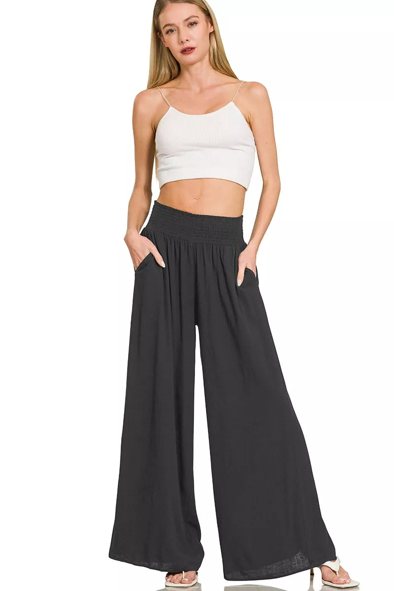 Black Zenana Smocked Waistband Wide Leg Lounge Pants 1
