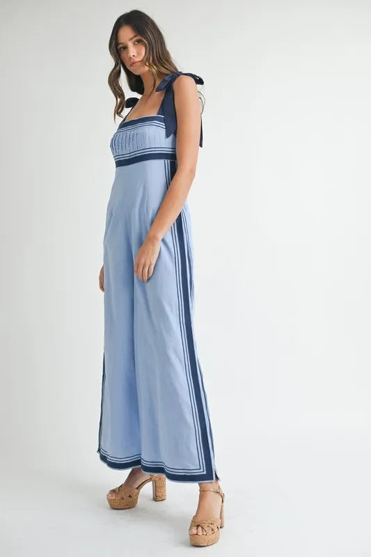Periwinkle Mable Linen Mix Chevron Sail Shoulder Strap Jumpsuit