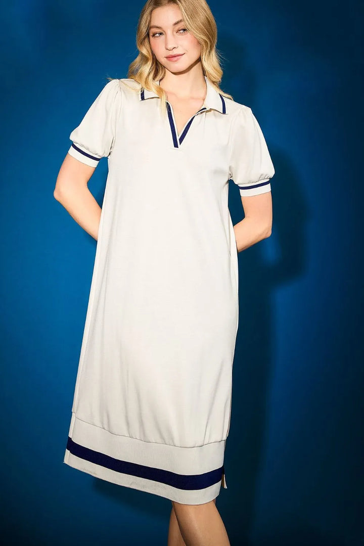 Cream Umgee Side Slit Contrast Trim Short Sleeve Dress