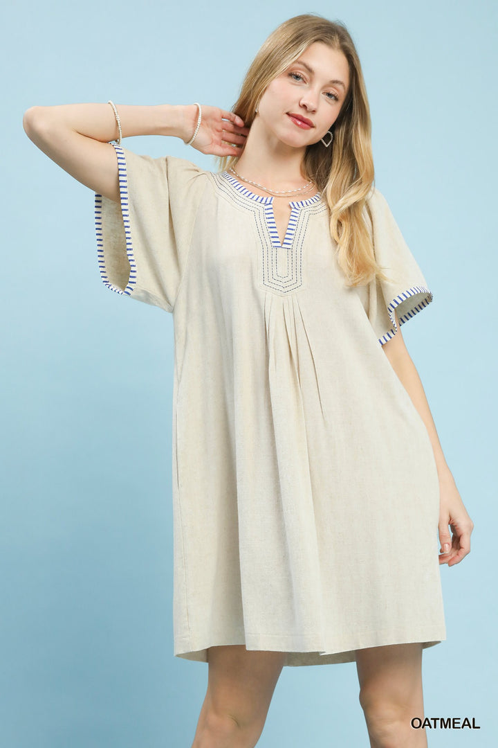 Oatmeal Umgee Linen Trim Tunic Dress 2