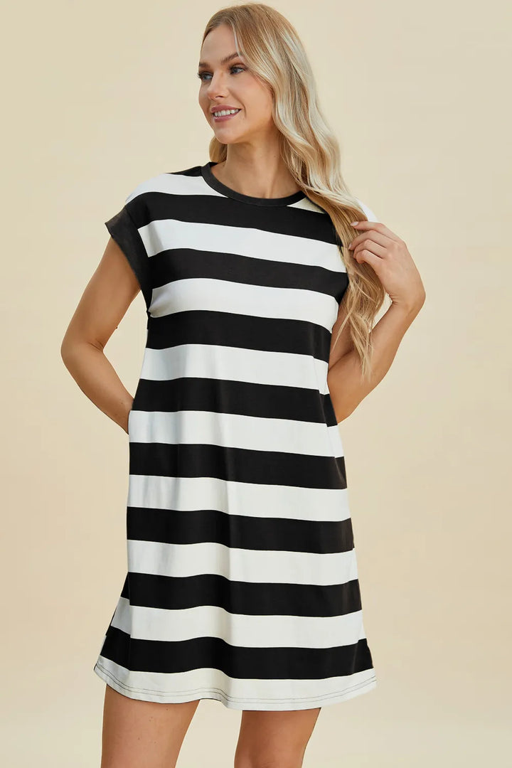 Black Basic Bae Full Size Striped Round Neck Cap Sleeve Mini Dress