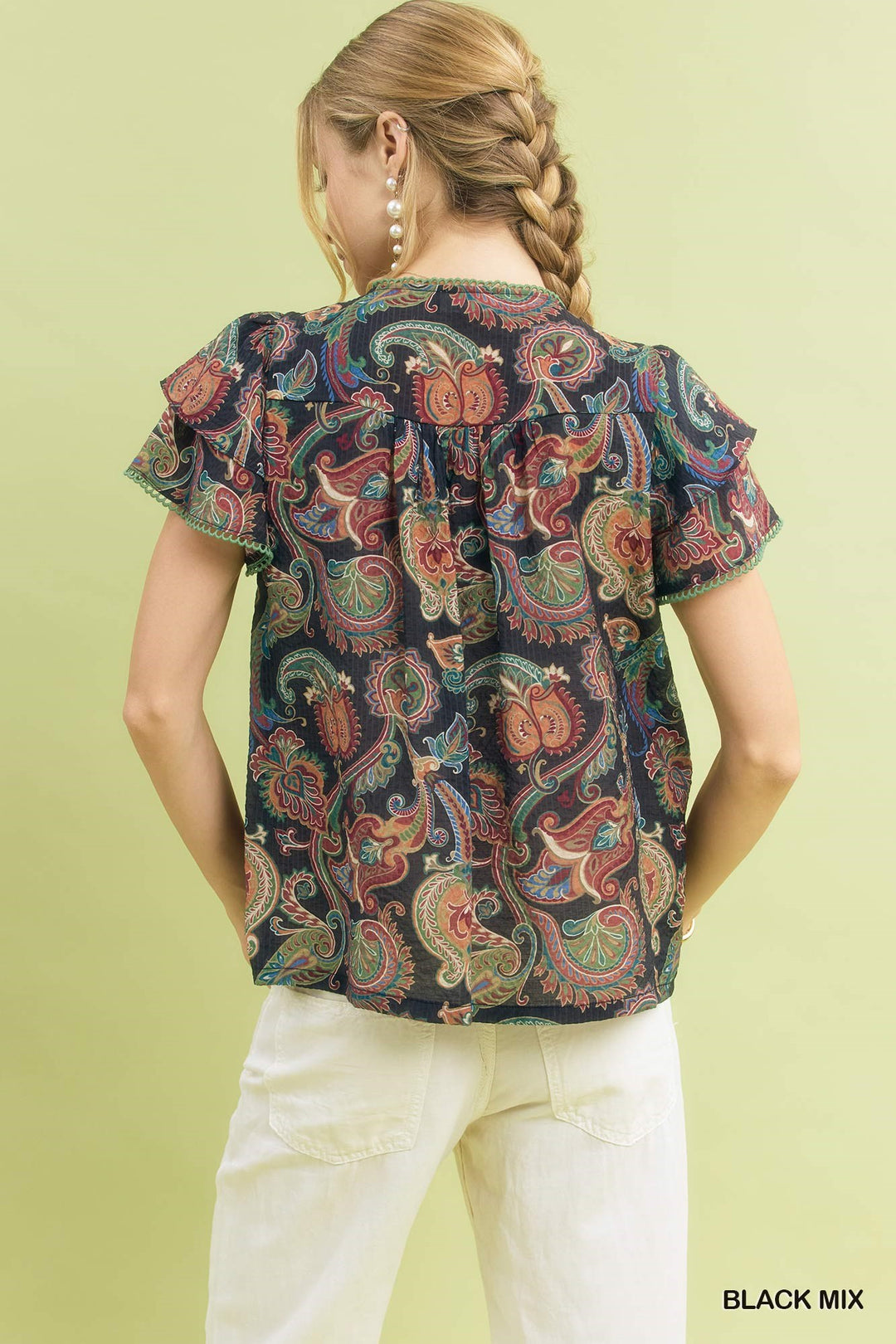 Black Mix Umgee Mix Paisley Ruffle Sleeve Top