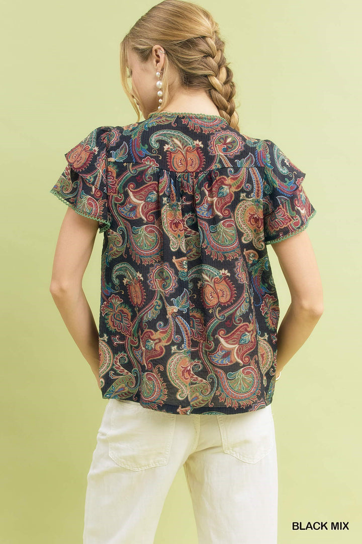 Black Mix Umgee Mix Paisley Ruffle Sleeve Top