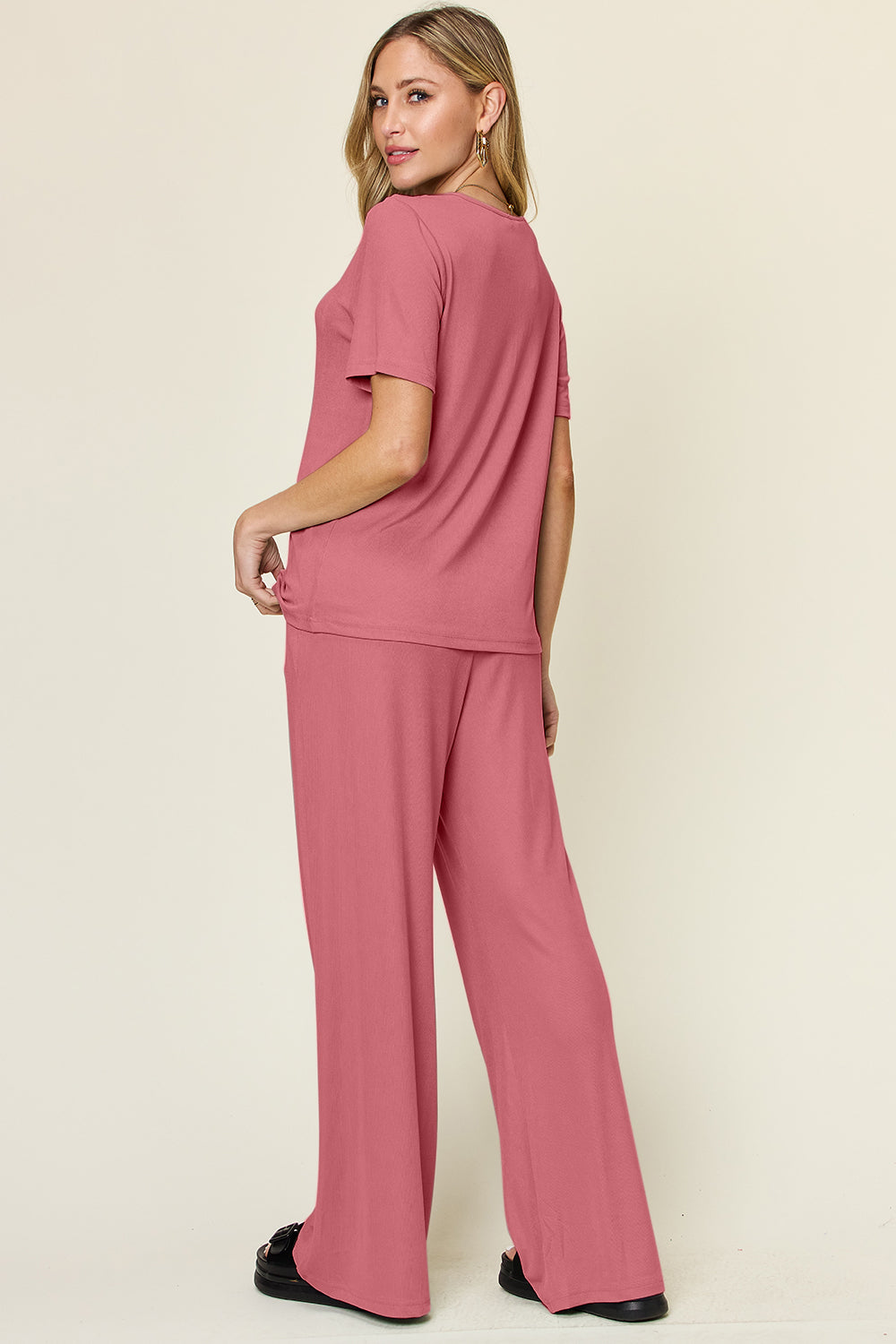 Black Double Take Full Size Round Neck Short Sleeve T Shirt And Wide Leg Pants Set