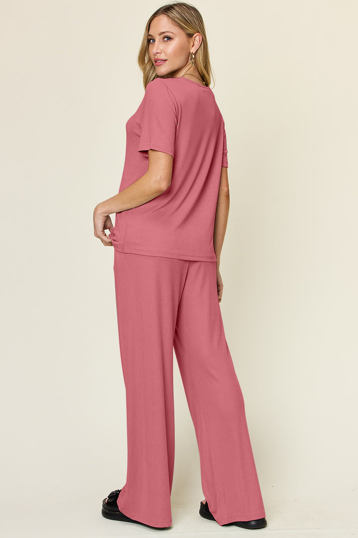 Black Double Take Full Size Round Neck Short Sleeve T Shirt And Wide Leg Pants Set