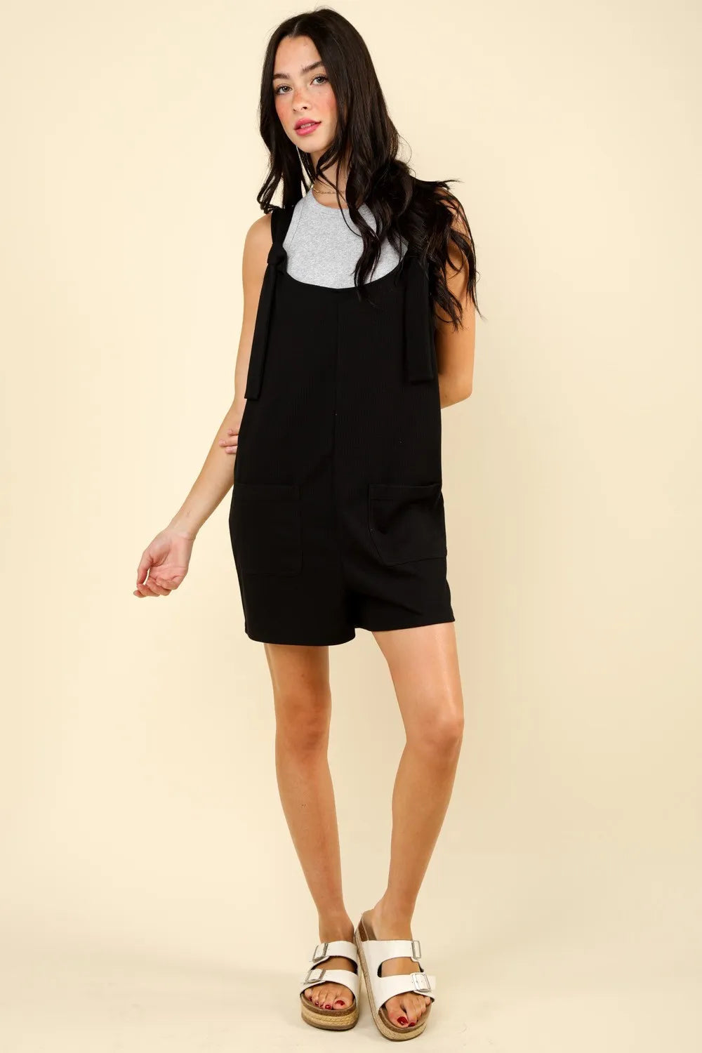 Very J Tie Shoulder Front Pocket Romper 1