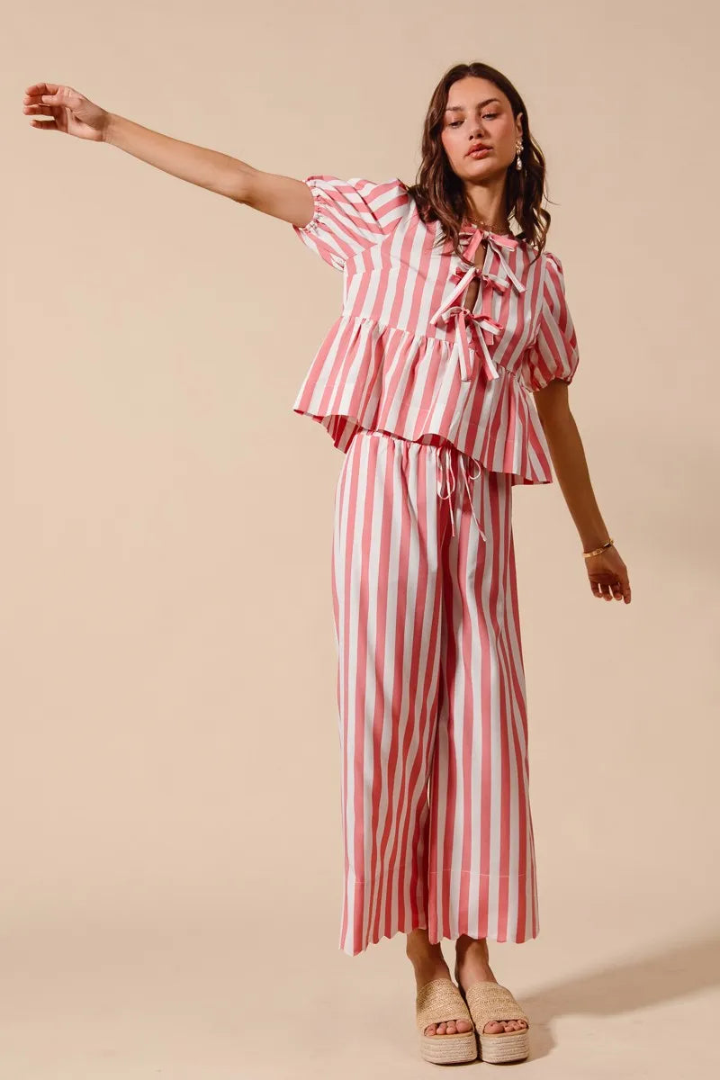 Pink So Me Front Tie Stripe Top With Puff Sleeves And Wide Leg Pants Set
