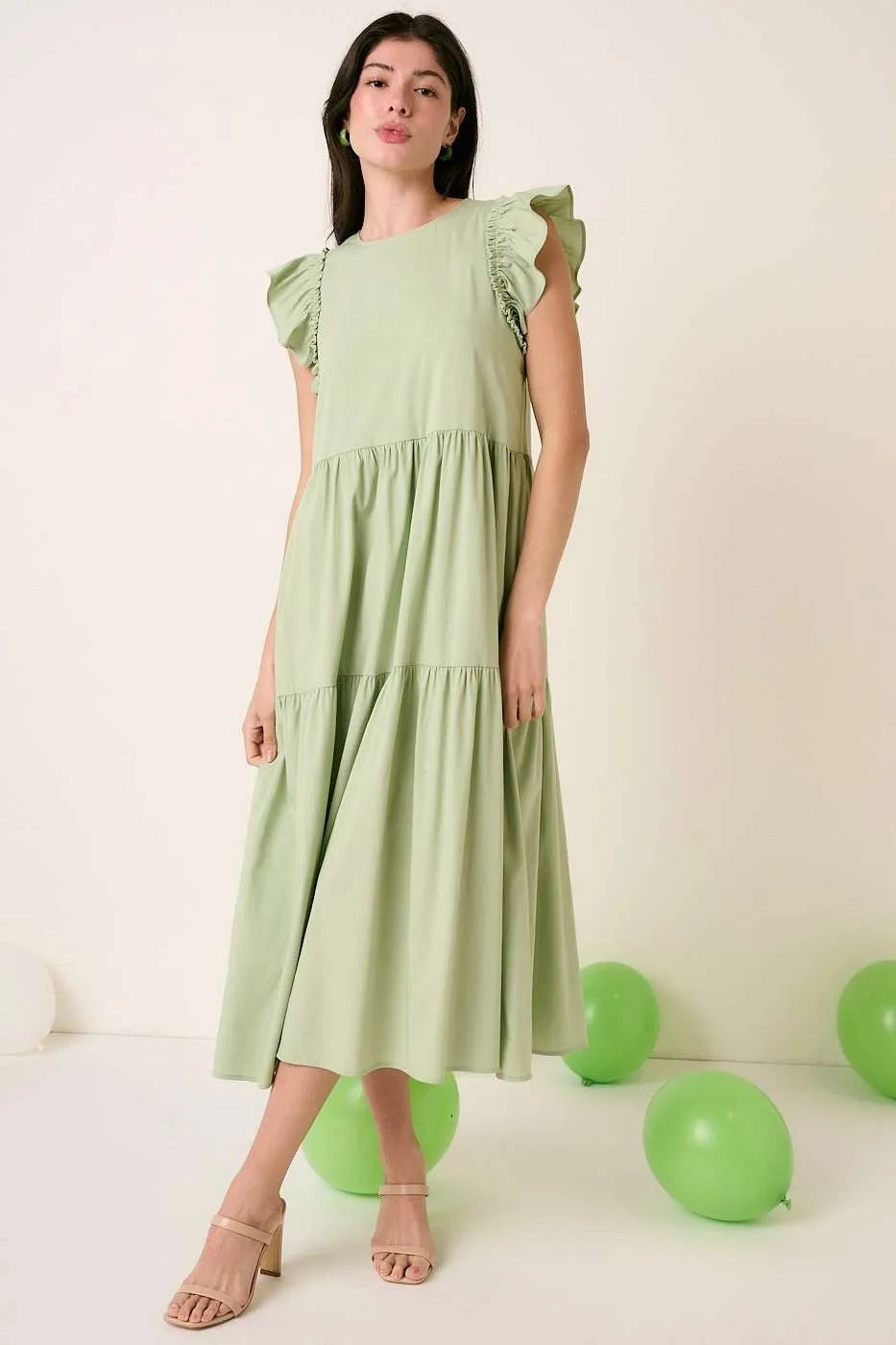 Sage Mittoshop Ruffle Short Sleeve Tiered Maxi Dress