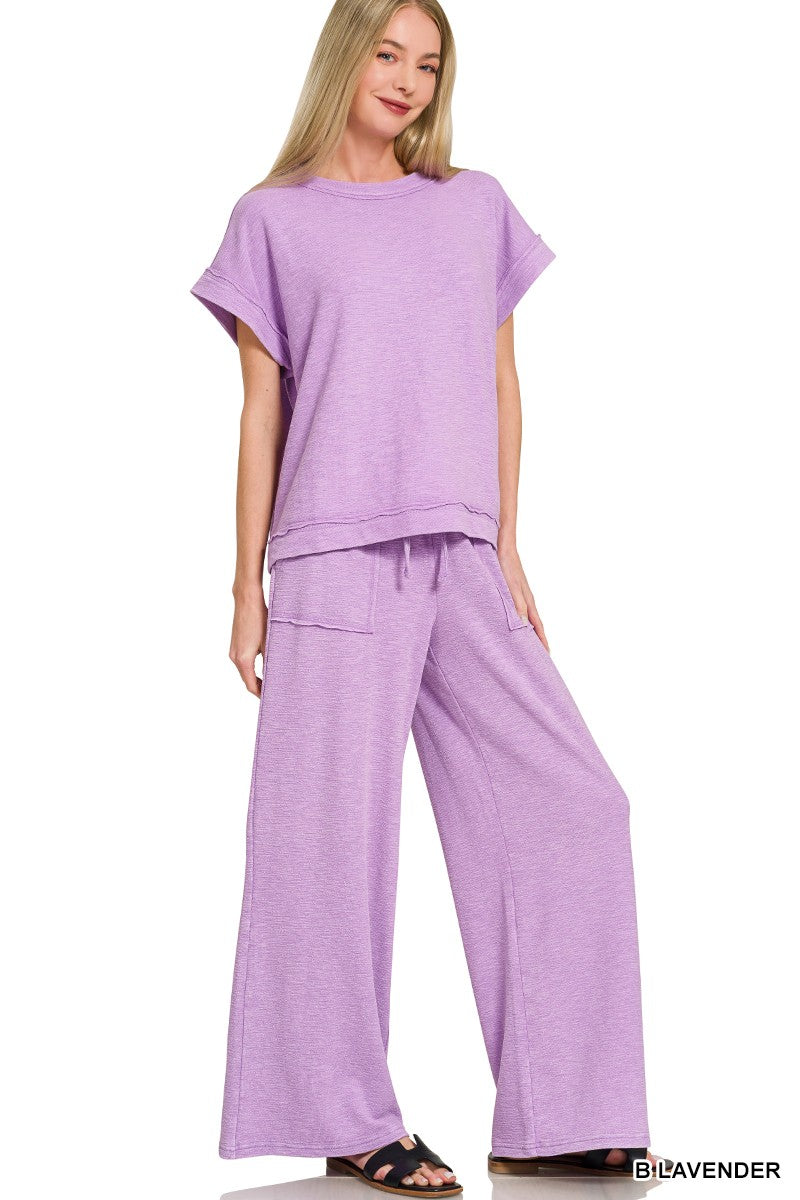 B Lavender Zenana Washed Slub Short Sleeve Tee Long Pants Set 4