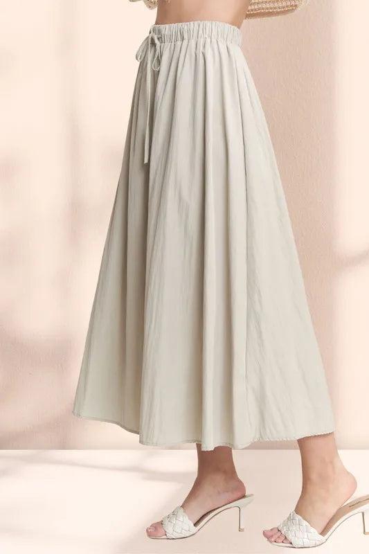 Khaki Adora Drawstring Waist Crinkle Maxi Skirt