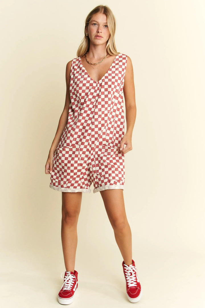 Jade By Jane Plus Size Back Tie Sleeveless Plaid Romper With Pockets
