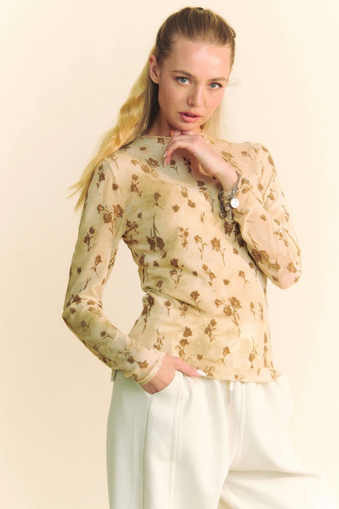 Cream Latte Davi Dani Floral Mesh Long Sleeve Sheer Layering Top
