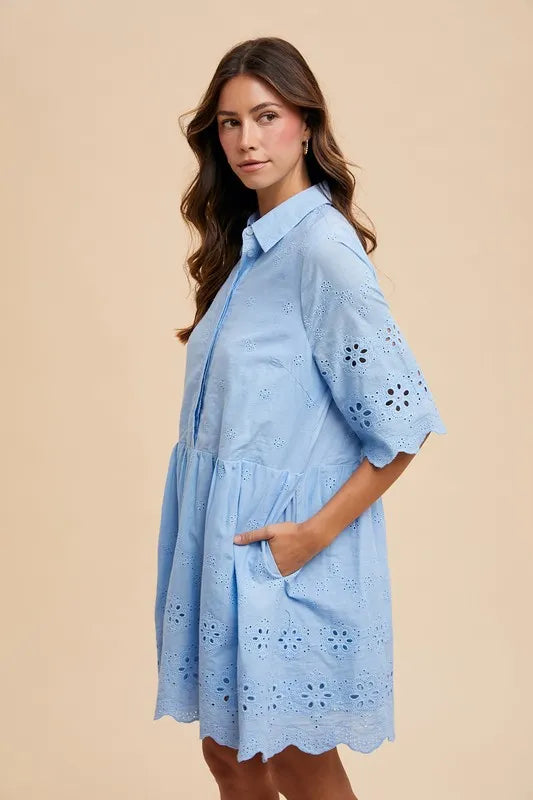Sky Annie Wear Embroidered Scallop Edge Detail Mini Shirt Dress