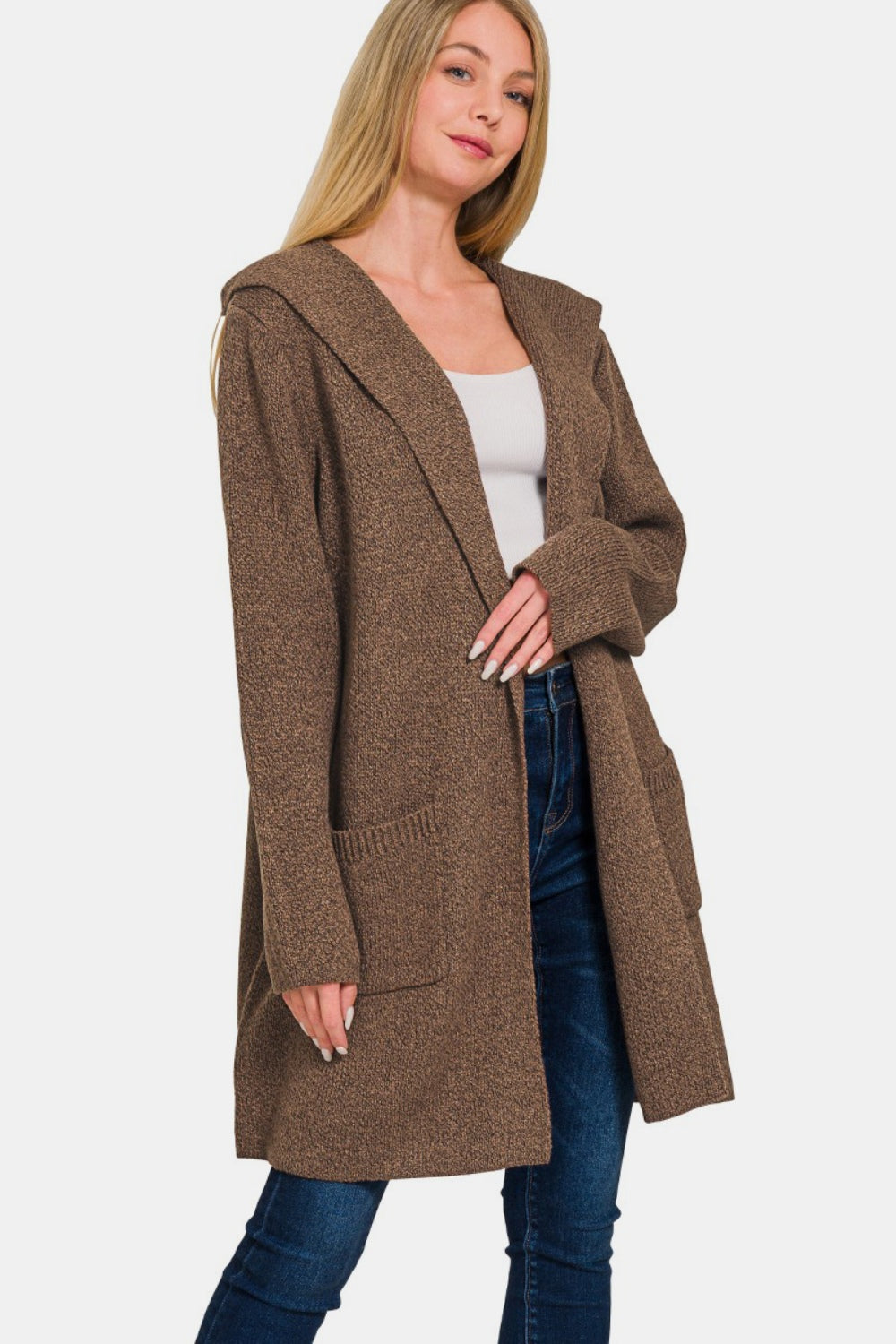Brown Zenana Hooded Open Front Sweater Cardigan
