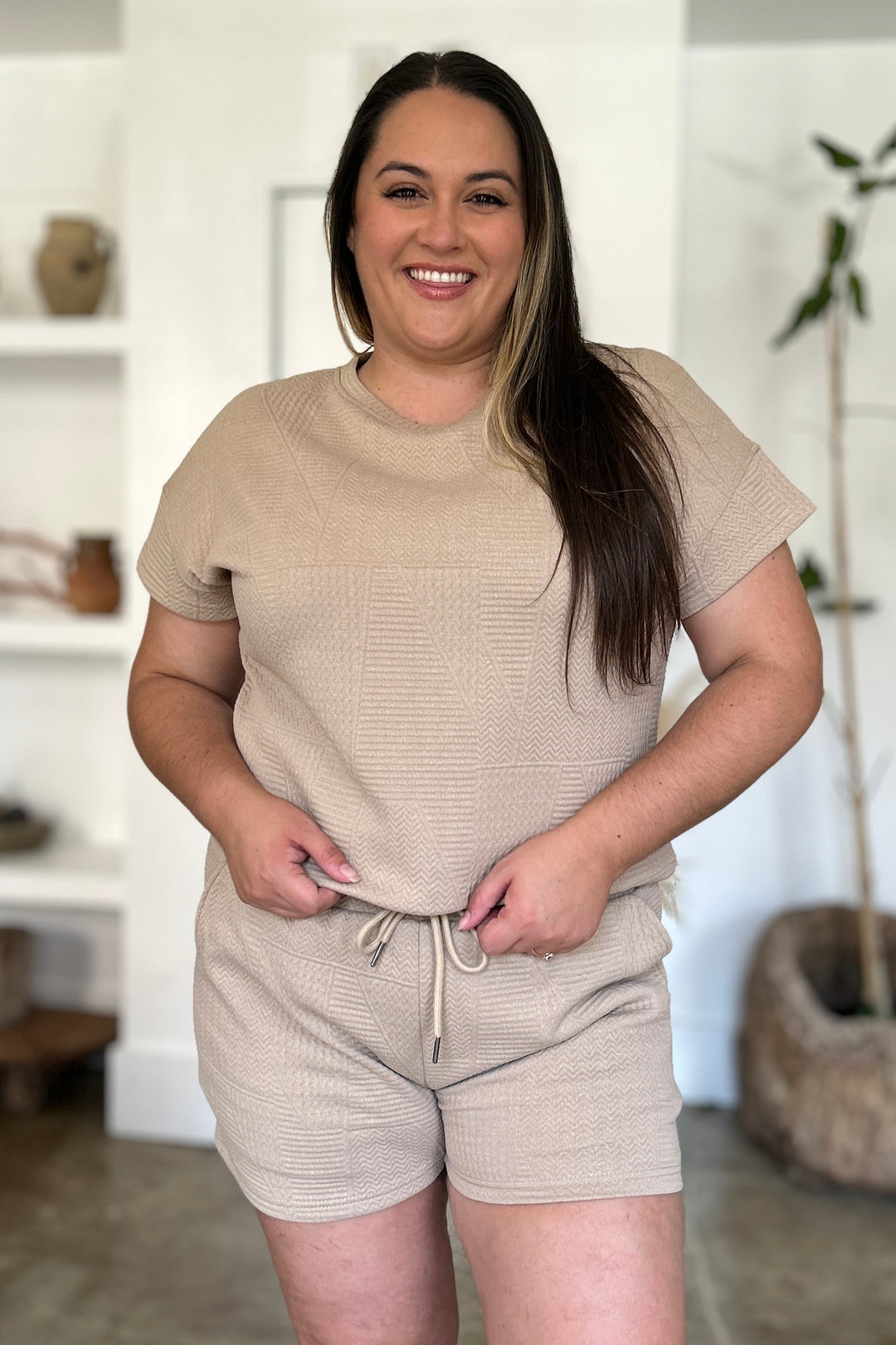 Khaki Double Take Full Size Texture Short Sleeve Top And Shorts Set