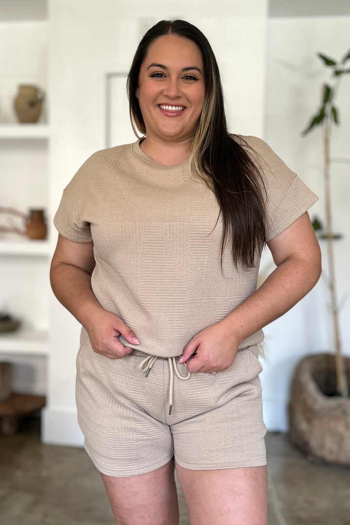 Khaki Double Take Full Size Texture Short Sleeve Top And Shorts Set