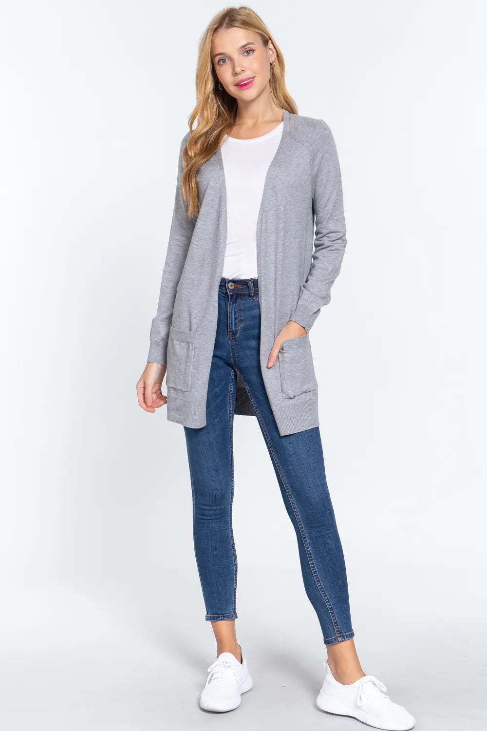 Gray Active Basic Open Front Long Sleeve Cardigan