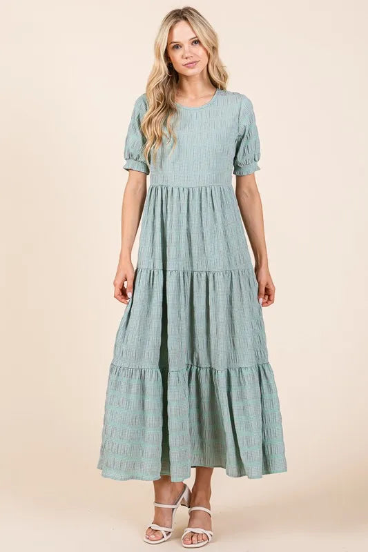 Mint Bombom Textured Short Sleeve Tiered Dress