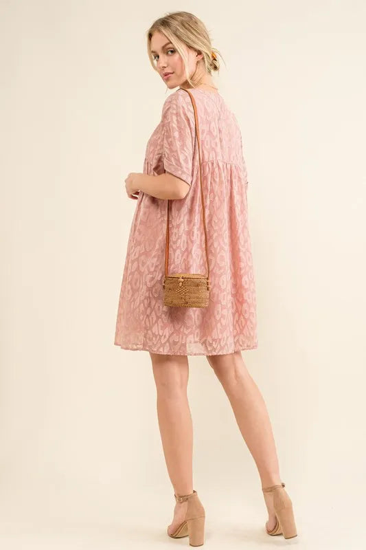 Mauve And The Why Woven Leopard Baby Doll Roll Sleeve Casual Dress