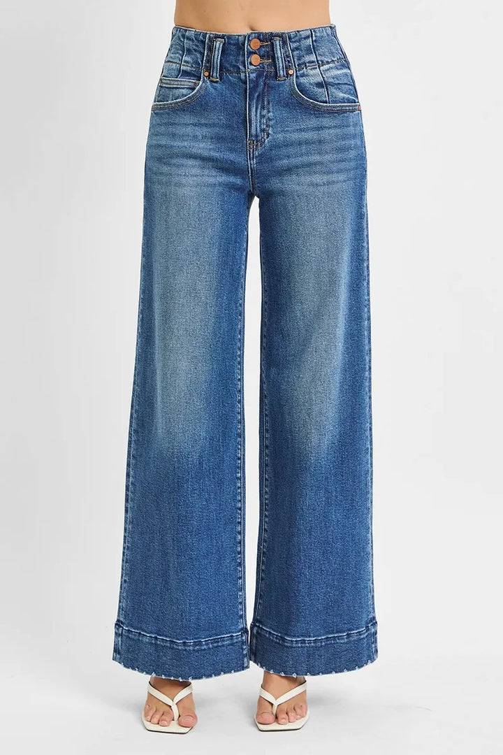 Dark Risen Full Size High Rise Ankle Wide Seam Detailed Jeans Plus Size