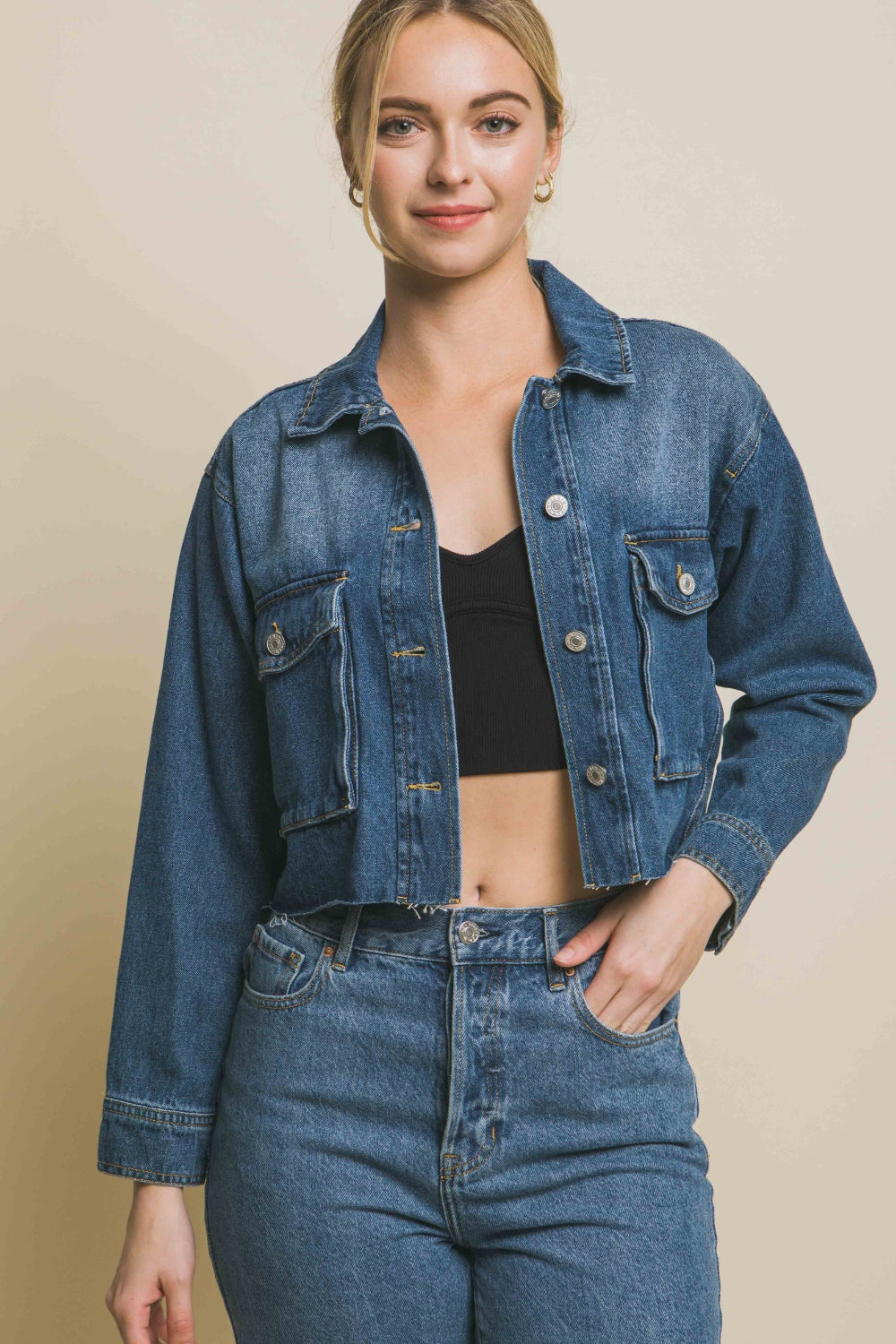 BLUE Love Tree Raw Hem Button Up Cropped Denim Jacket