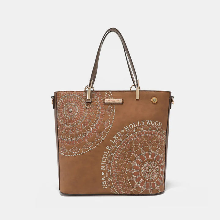Brown Nicole Lee Usa Metallic Stitching Embroidery Inlaid Rhinestone Tote Bag