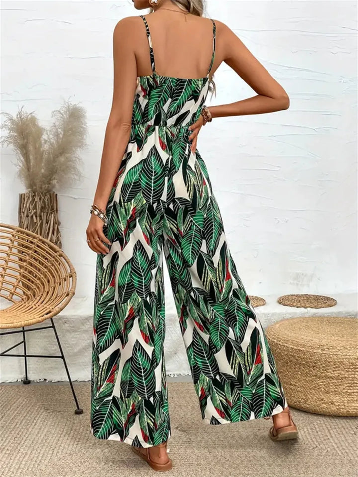 Dark Green Tropical Print Spaghetti Strap Wide Leg Jumpsuit