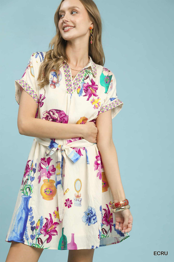 Ecru Umgee Floral Print Mini Dress With Belt