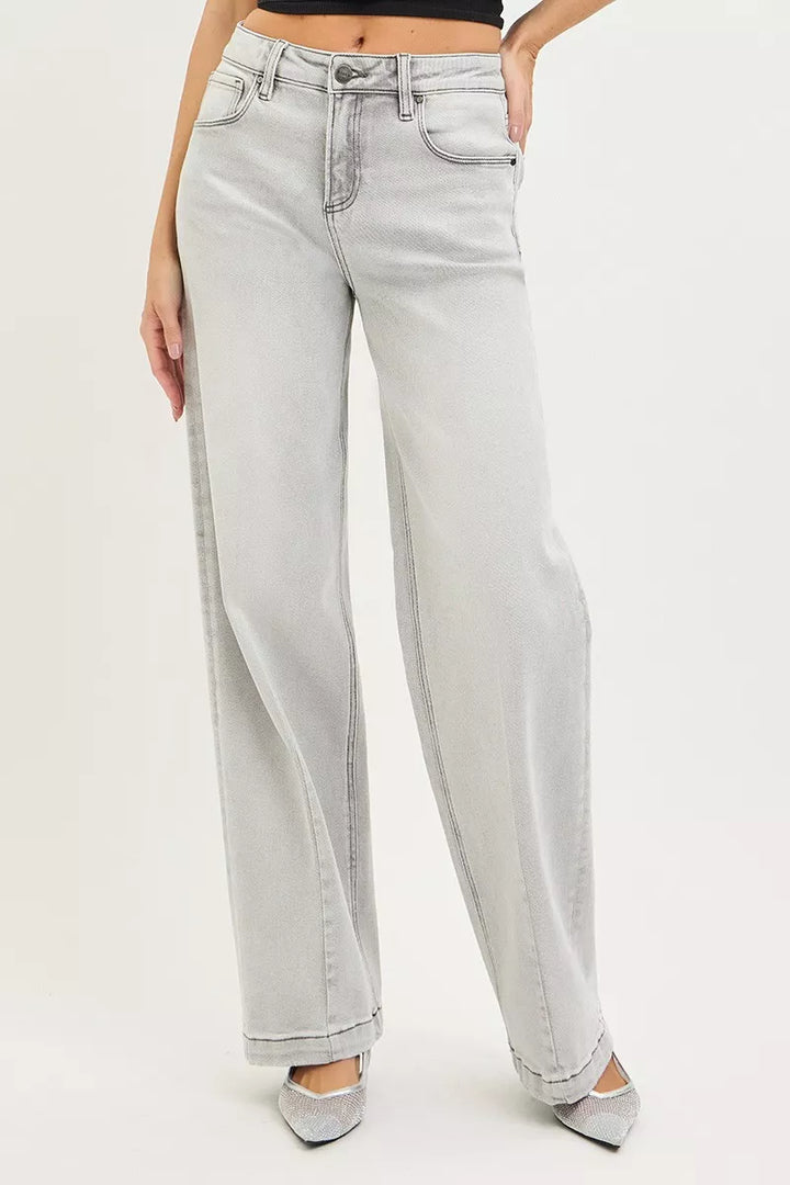 Light Grey Risen Slouchy Baggy Jeans With Contrast Stitching