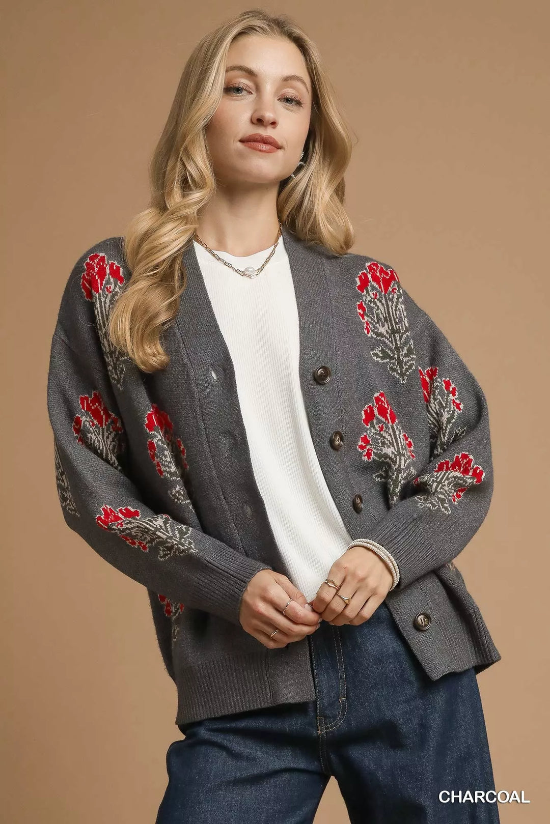 Charcoal Umgee Single Flower Stem Jacquard Cardigan Sweater 1