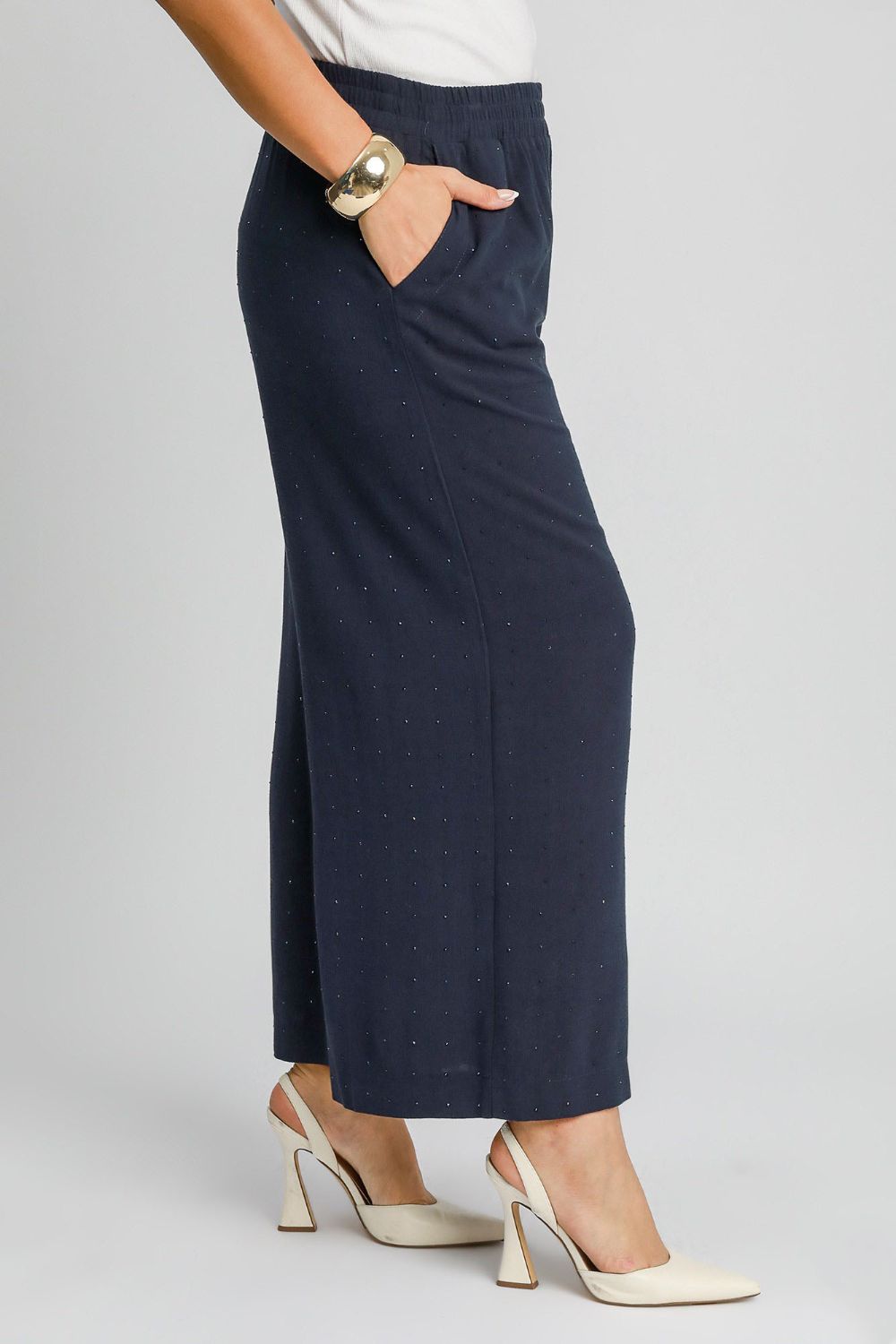 Dark Blue Umgee Full Size High Waisted Embellished Linen Pants Plus Size 1