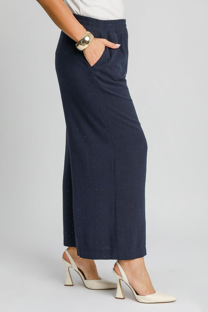 Dark Blue Umgee Full Size High Waisted Embellished Linen Pants Plus Size 1