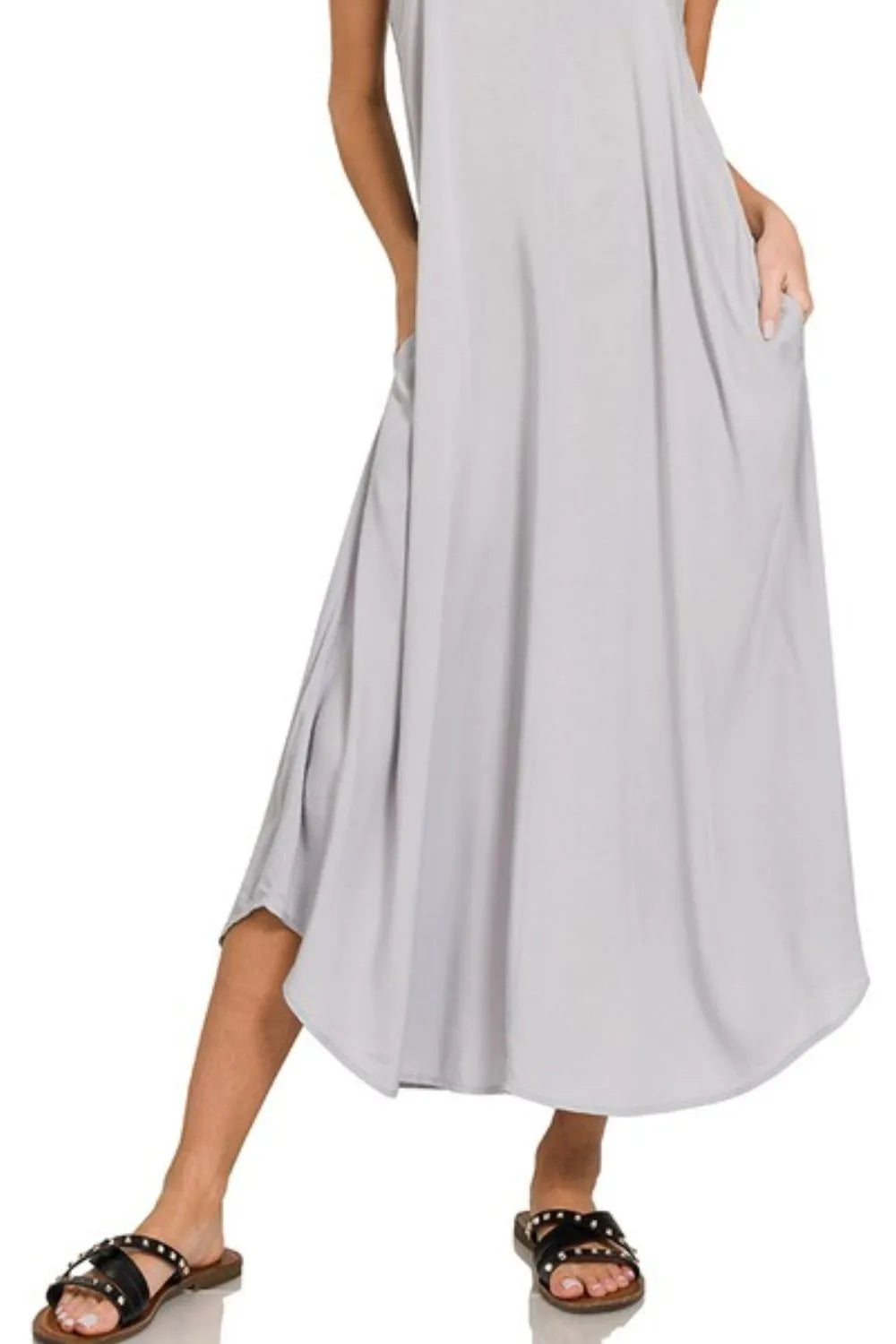 Lt Grey Zenana Woven Arc Hem Cami Dress With Flowy Pockets 6