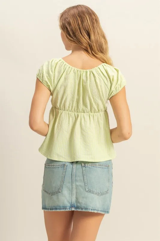 Lime Green Hyfve Gingham Scoop Neck Cap Sleeve Blouse 3