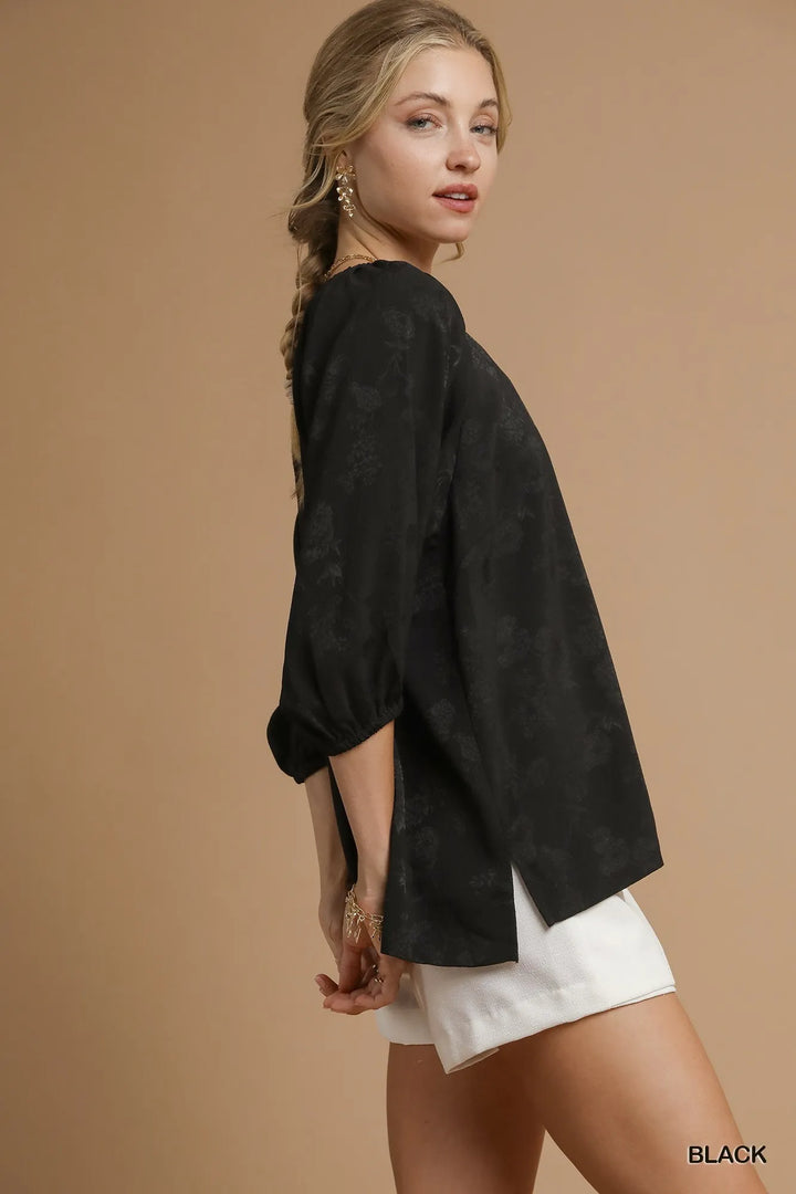 Black Umgee Satin Jacquard Balloon Sleeve Blouse