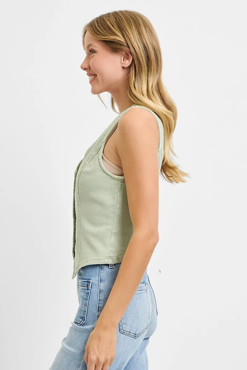 Pistachio Risen Full Size V Neck Button Down Vest Plus Size 1