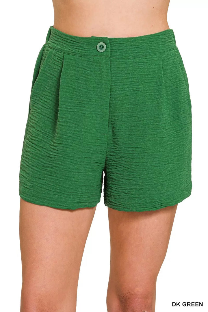 Dk Green Zenana Woven Airflow Back Elastic Waist Shorts 1