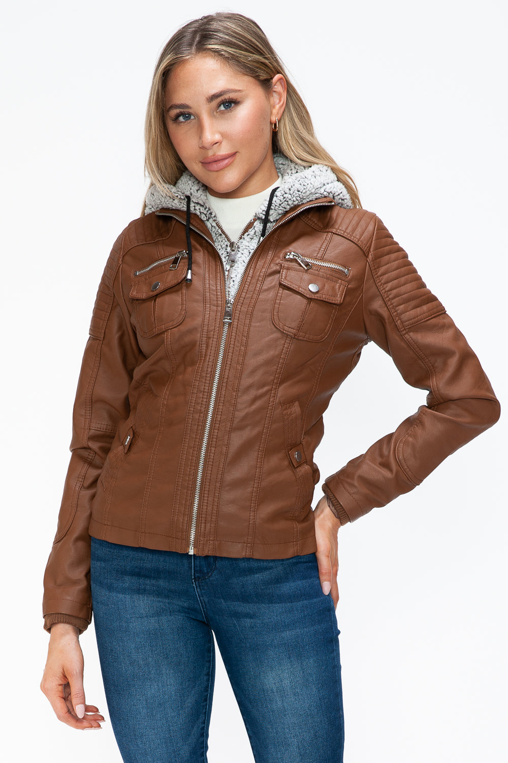 Rust Ymi Removable Faux Layered Multi Pocket Jacket With Fuzzy Hood 2