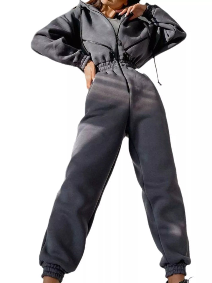 Grey Hooded Zip Up Long Sleeve Jumpsuit