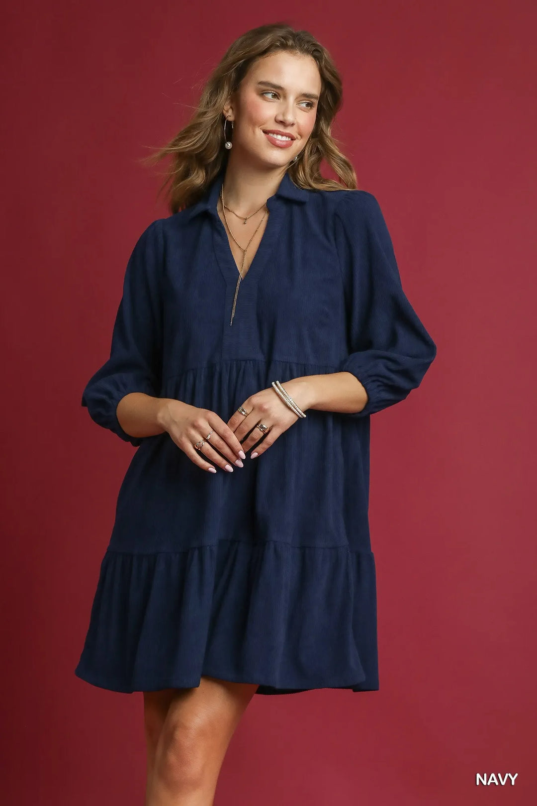 Navy Umgee Tiered Corduroy Mini Dress With Balloon Sleeves 1