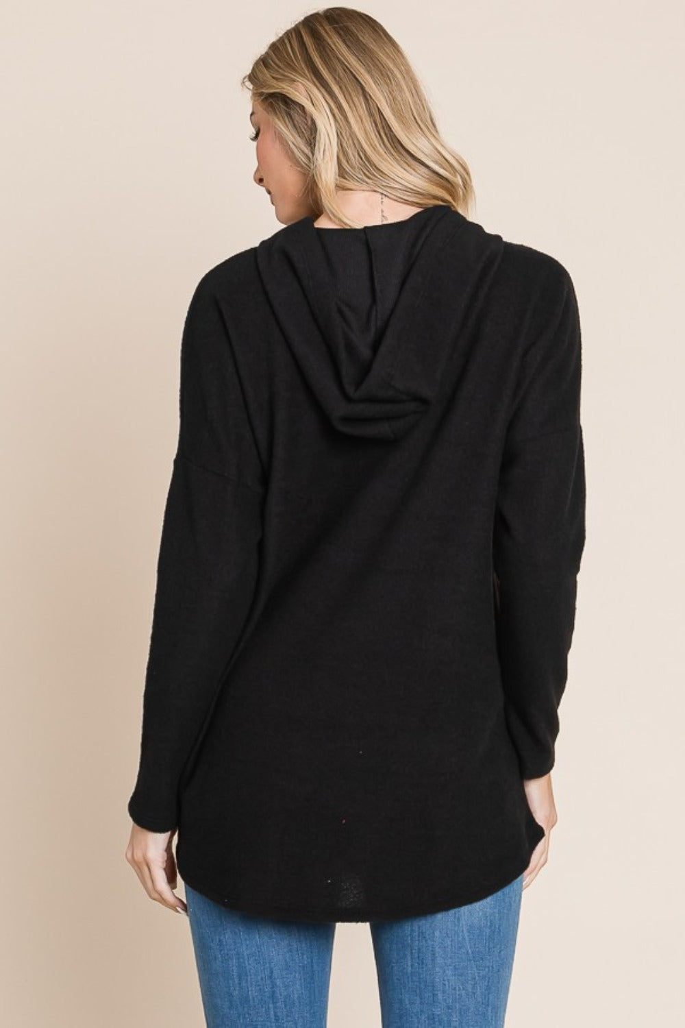 Black Bombom Contrast Drawstring Drop Shoulder Knit Hoodie
