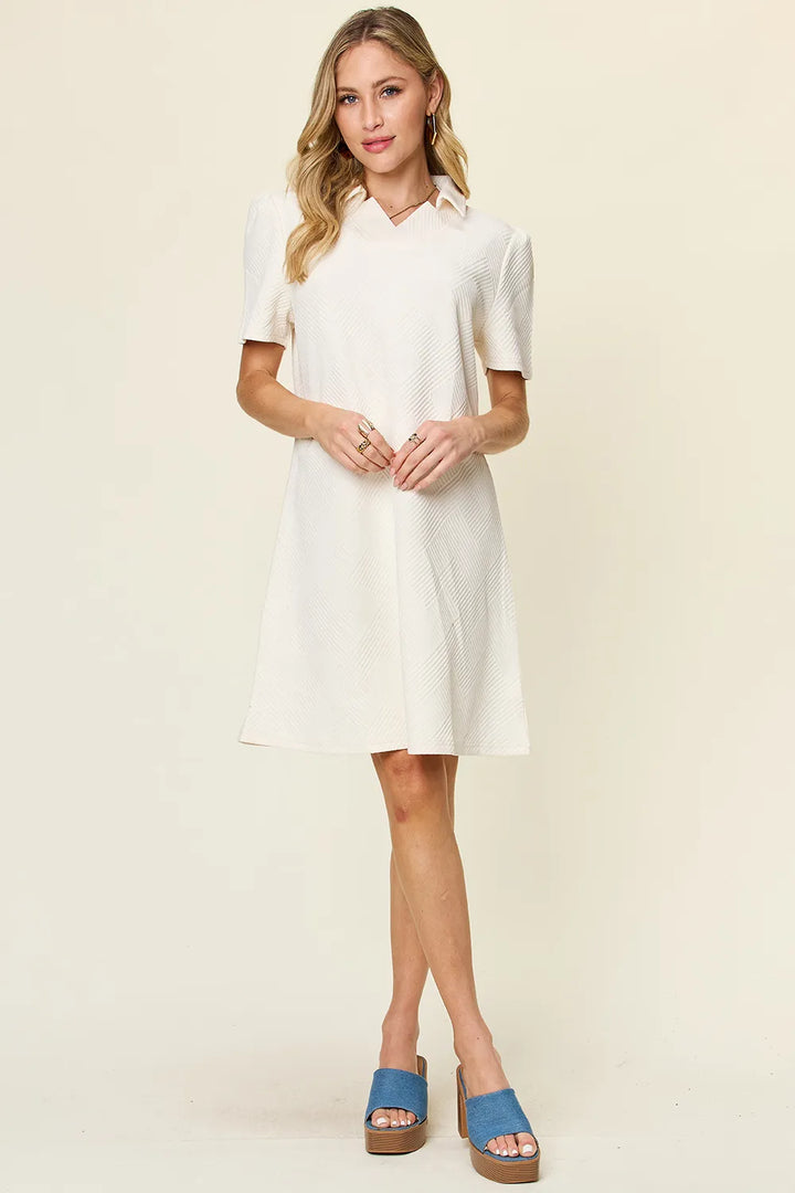 White Double Take Full Size Texture Collared Neck Short Sleeve Dress