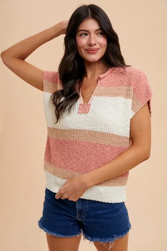 Peach/Ivory Annie Wear Low Gauge Color Block Textured Sweater Top