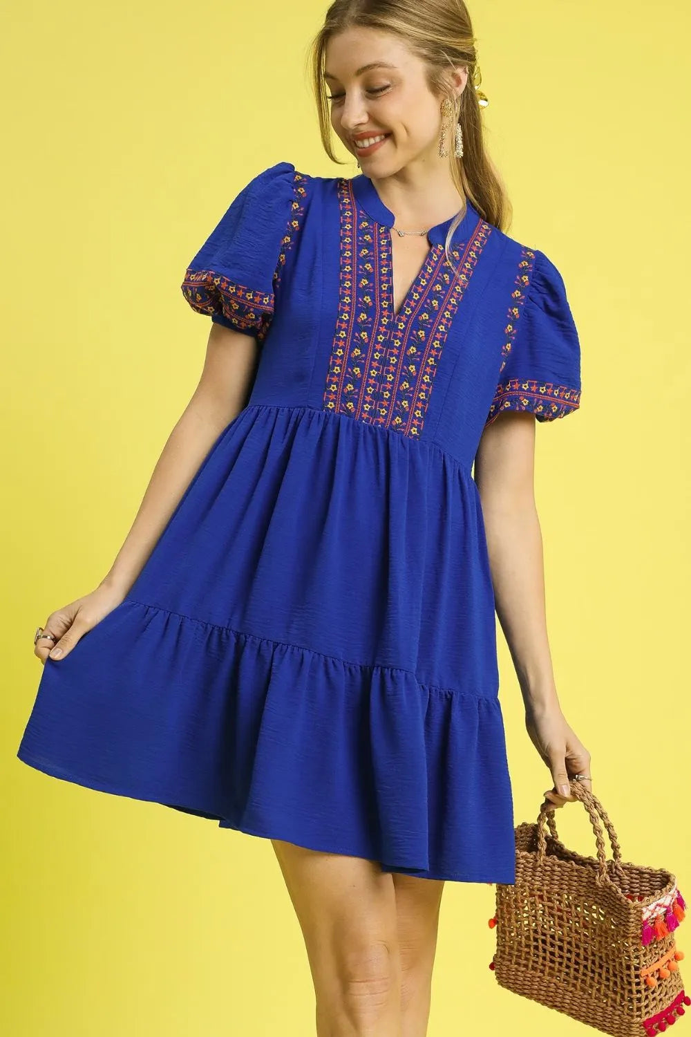 Dark Blue Umgee Floral Trim Puff Sleeve Mini Dress