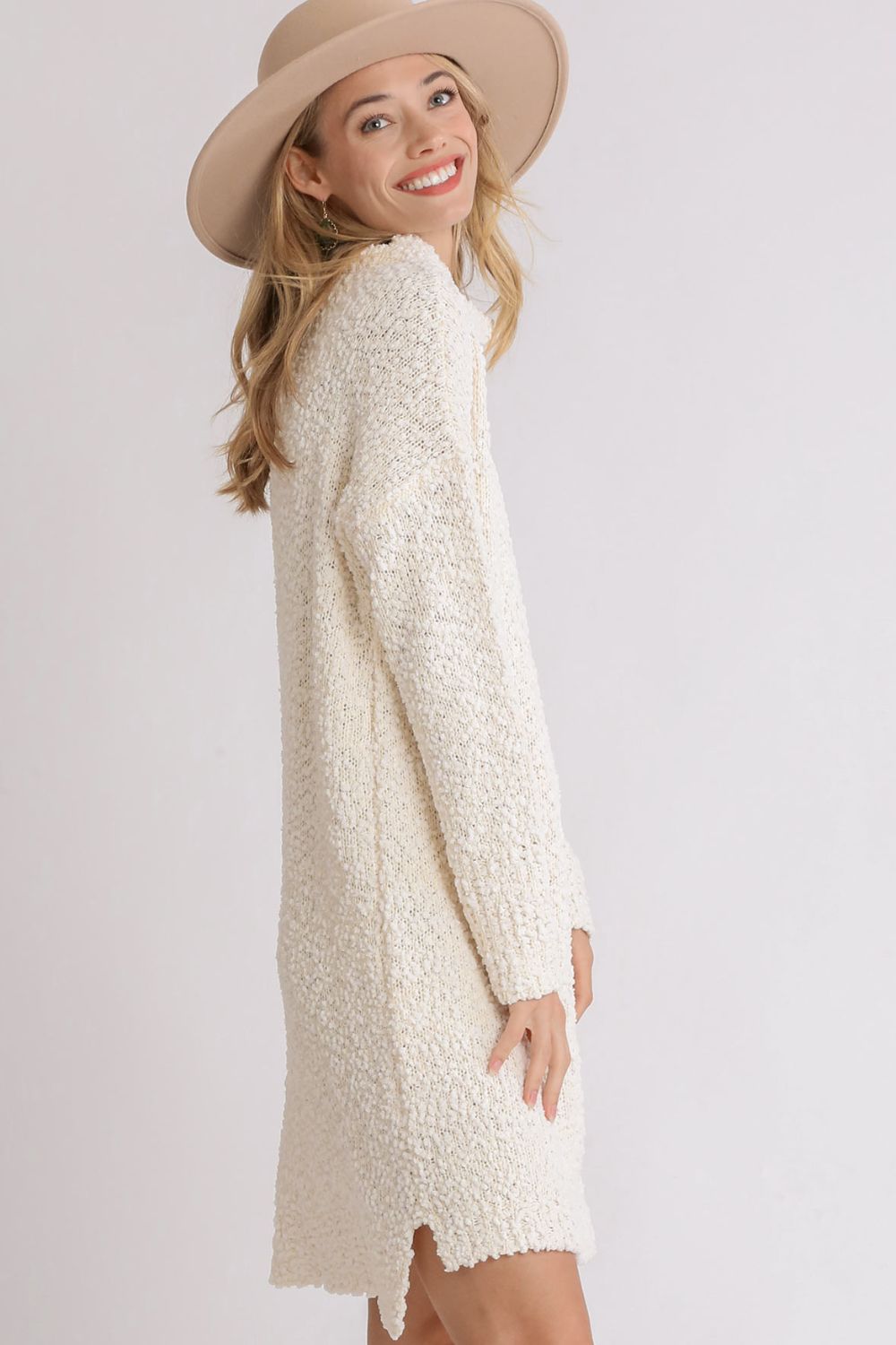 Cream Umgee Full Size High Low Long Sleeve Boucle Sweater Dress Plus Size