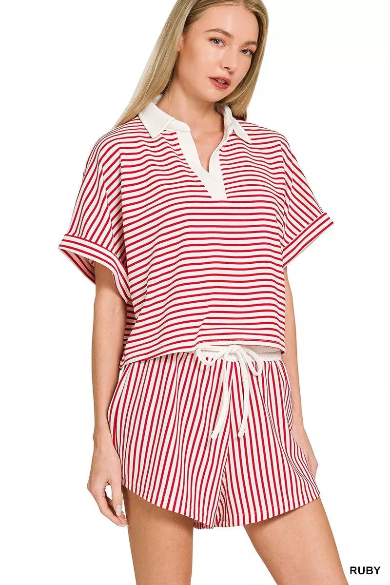 Ruby Zenana Striped Collared Top Shorts Set 1