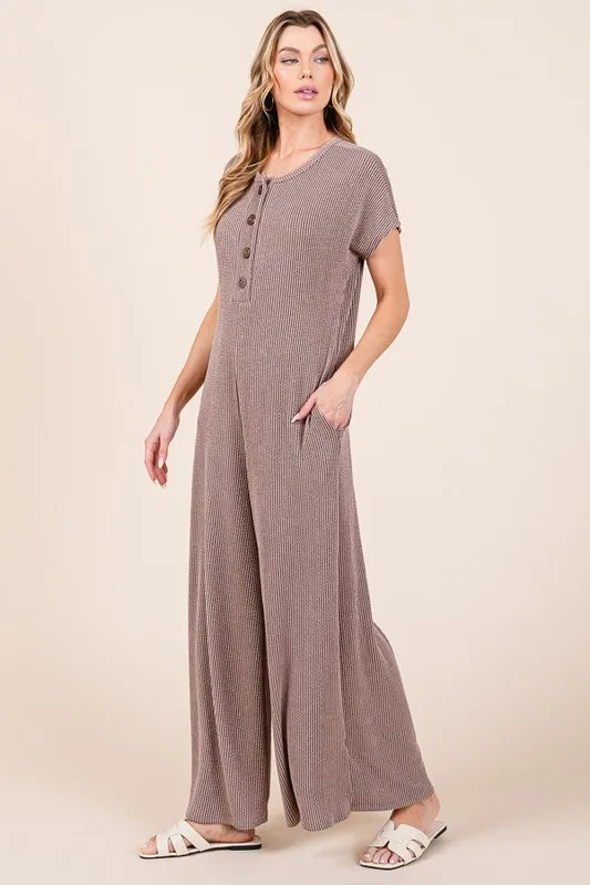 Mocha Bombom Rib Knit Jumpsuit With Button Detail 1