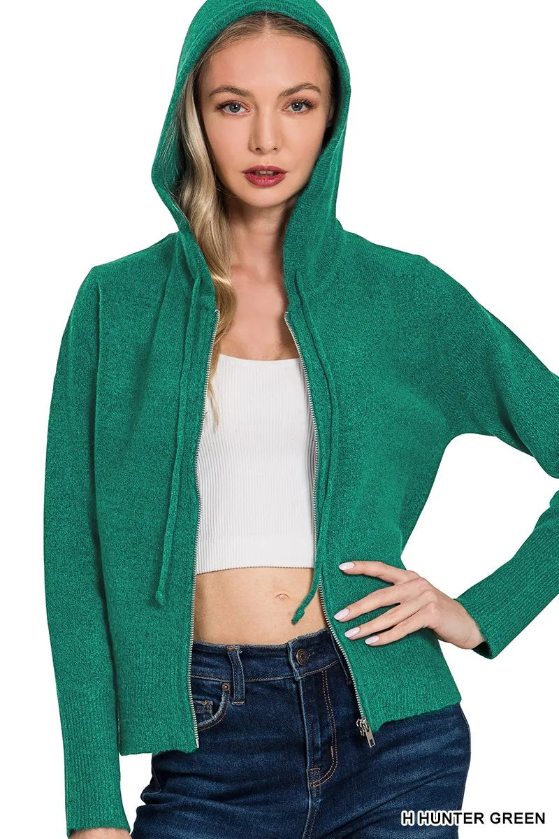 H Hunter Green Zenana Drawstring Zip Up Hooded Cardigan 2
