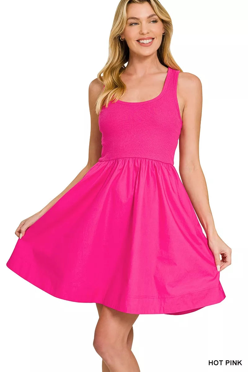 Hot Pink Zenana Combined Knit Woven Midi Dress