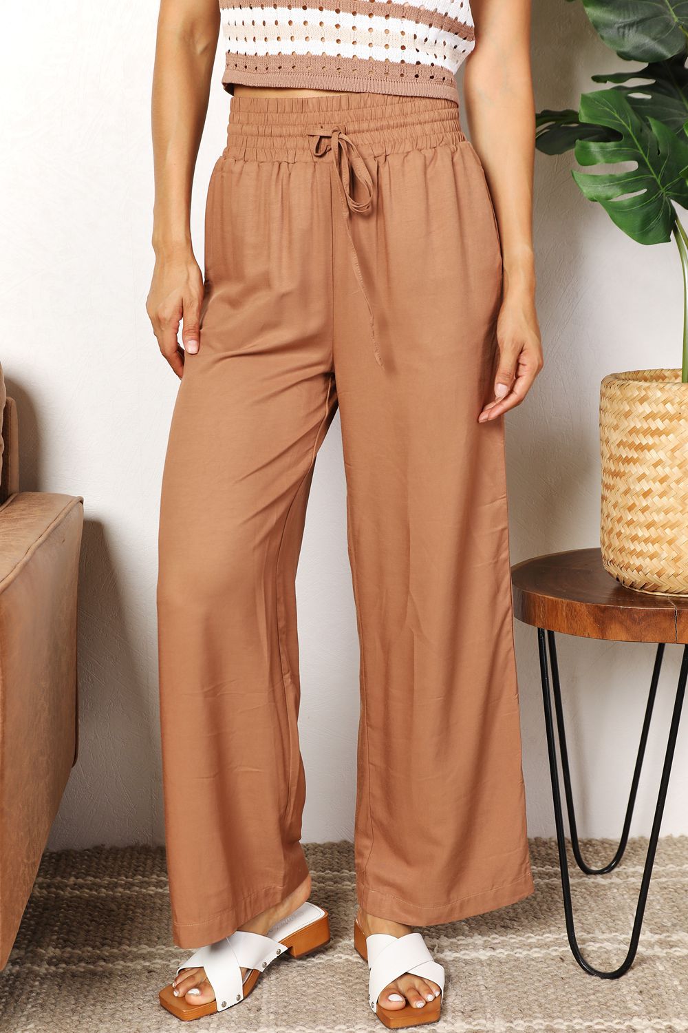Camel Double Take Drawstring Smocked Waist Wide Leg Pants
